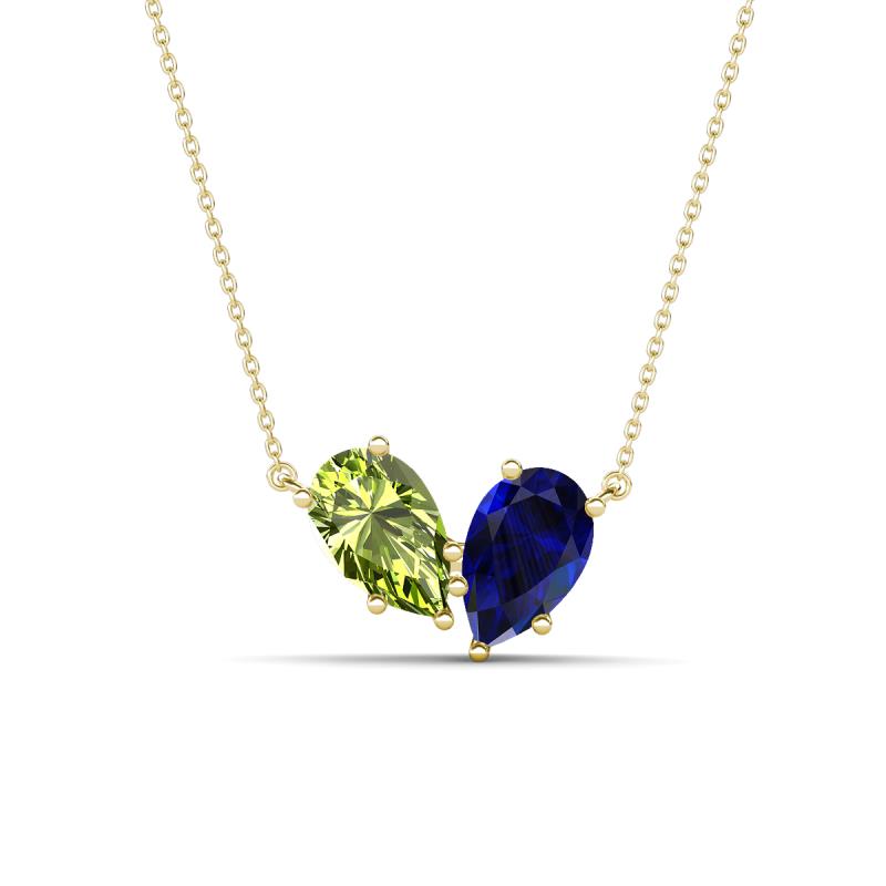 Zemi 1.70 ctw Pear Shape Peridot and Lab Grown Blue Sapphire (7x5 mm) Toi Et Moi Pendant Necklace 