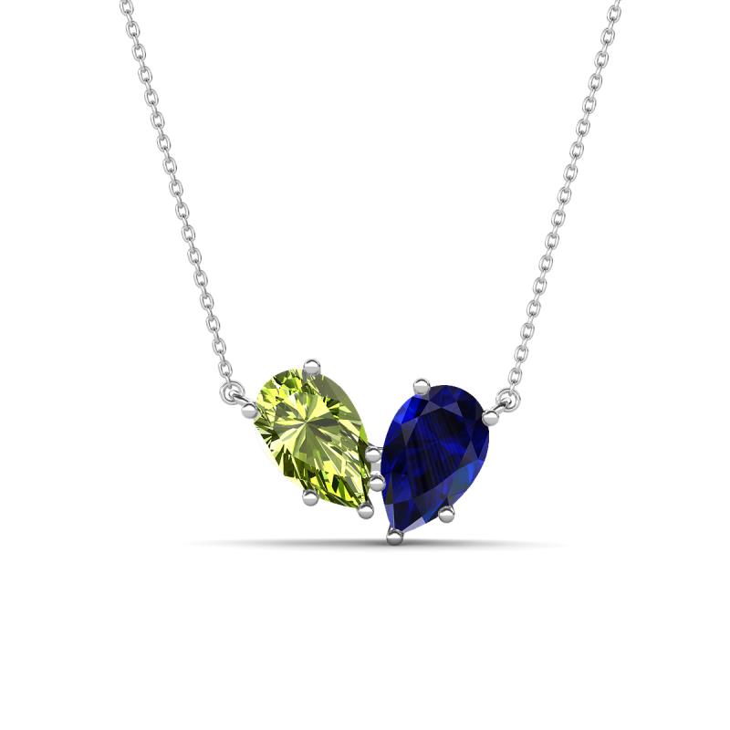 Zemi 1.70 ctw Pear Shape Peridot and Lab Grown Blue Sapphire (7x5 mm) Toi Et Moi Pendant Necklace 