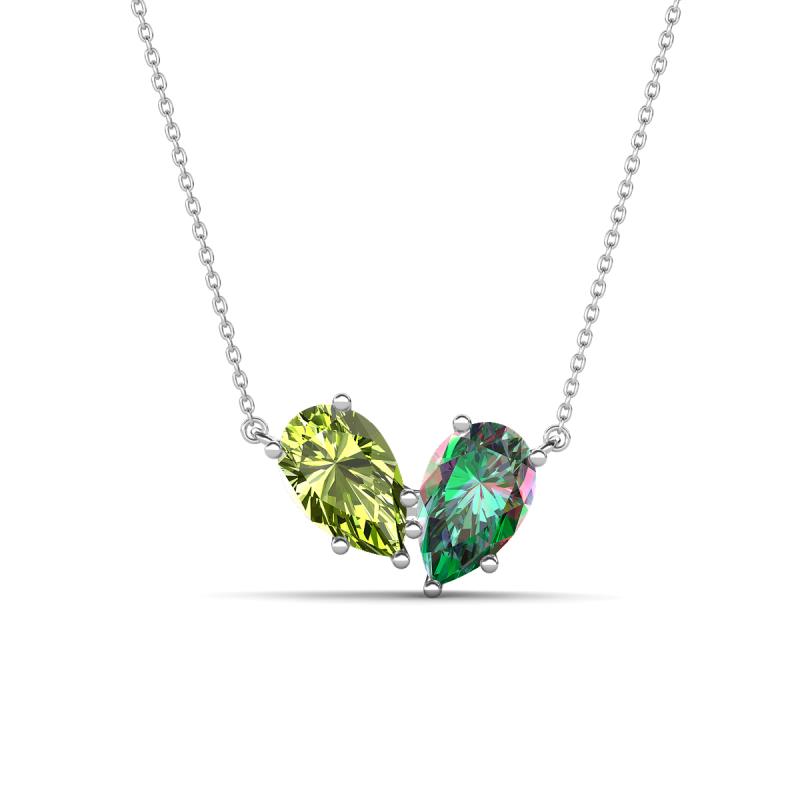 Zemi 1.66 ctw Pear Shape Peridot and Created Alexandrite (7x5 mm) Toi Et Moi Pendant Necklace 