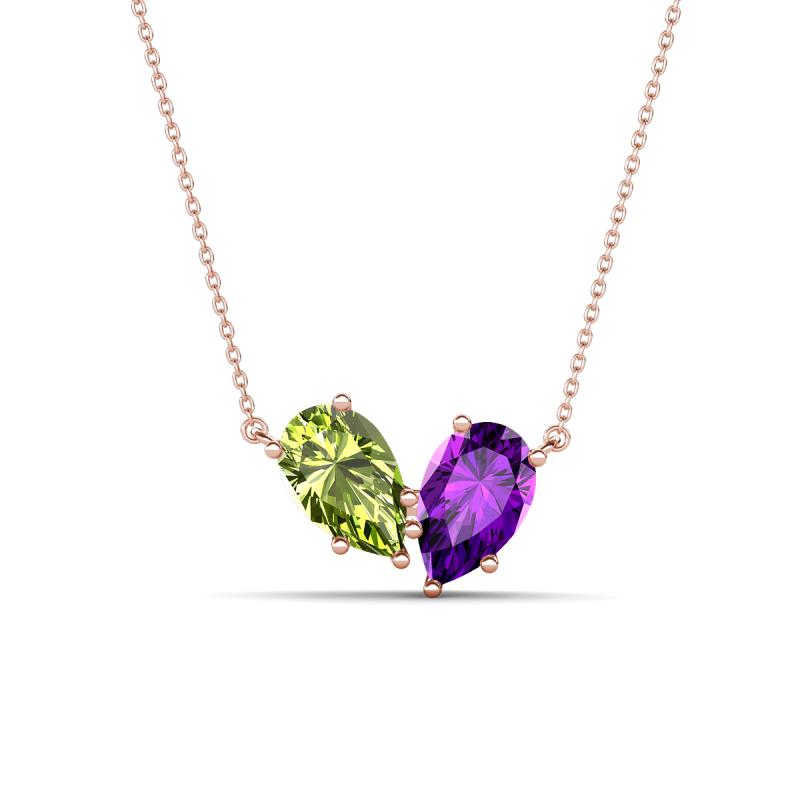 Zemi 1.45 ctw Pear Shape Peridot and Amethyst (7x5 mm) Toi Et Moi Pendant Necklace 