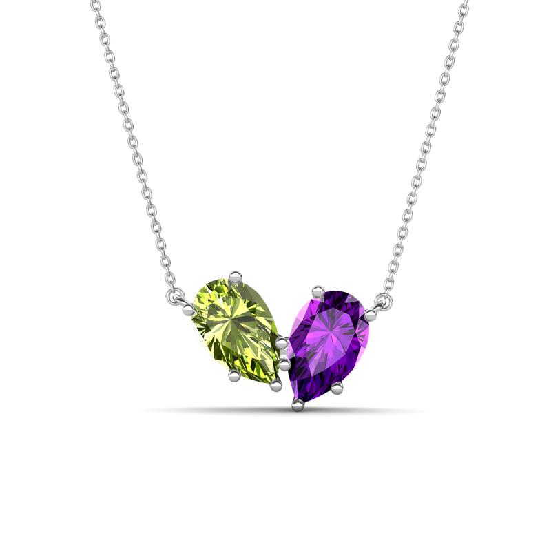Zemi 1.45 ctw Pear Shape Peridot and Amethyst (7x5 mm) Toi Et Moi Pendant Necklace 