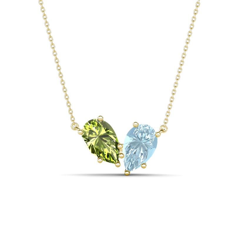Zemi 1.40 ctw Pear Shape Peridot and Aquamarine (7x5 mm) Toi Et Moi Pendant Necklace 