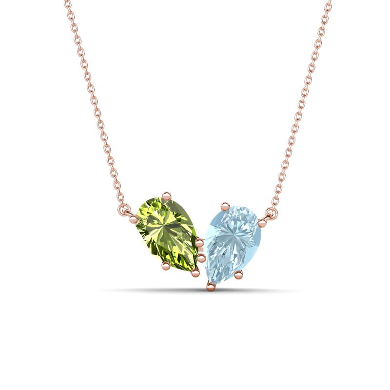 Zemi 1.40 ctw Pear Shape Peridot and Aquamarine (7x5 mm) Toi Et Moi Pendant Necklace 
