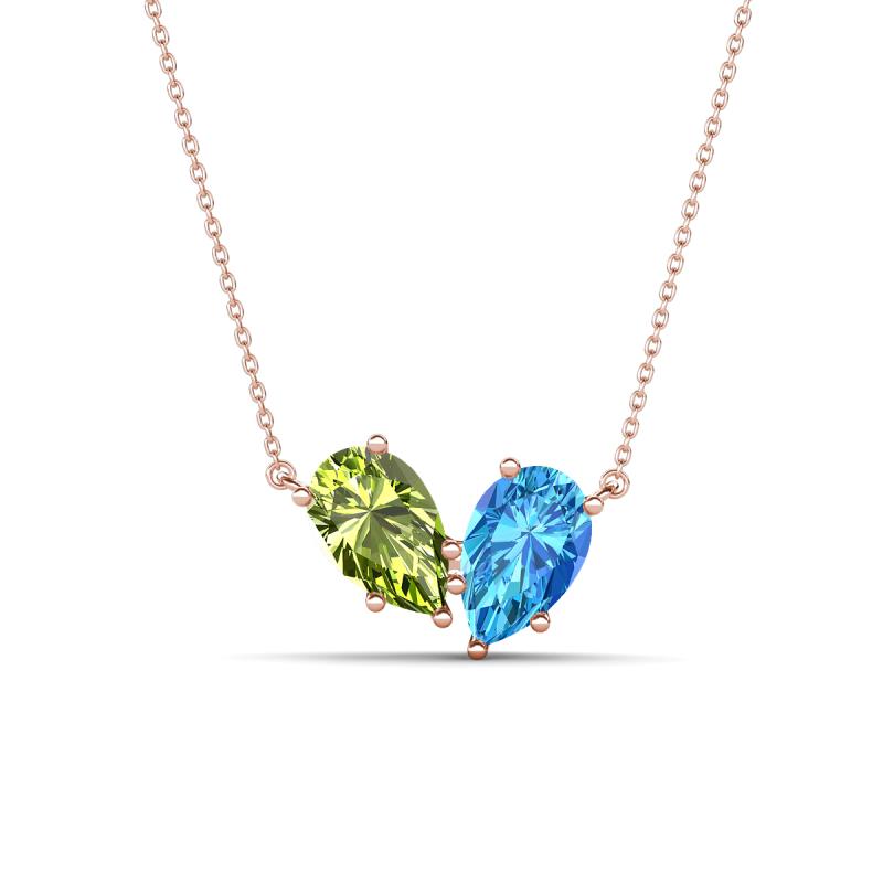 Zemi 1.65 ctw Pear Shape Peridot and Blue Topaz (7x5 mm) Toi Et Moi Pendant Necklace 