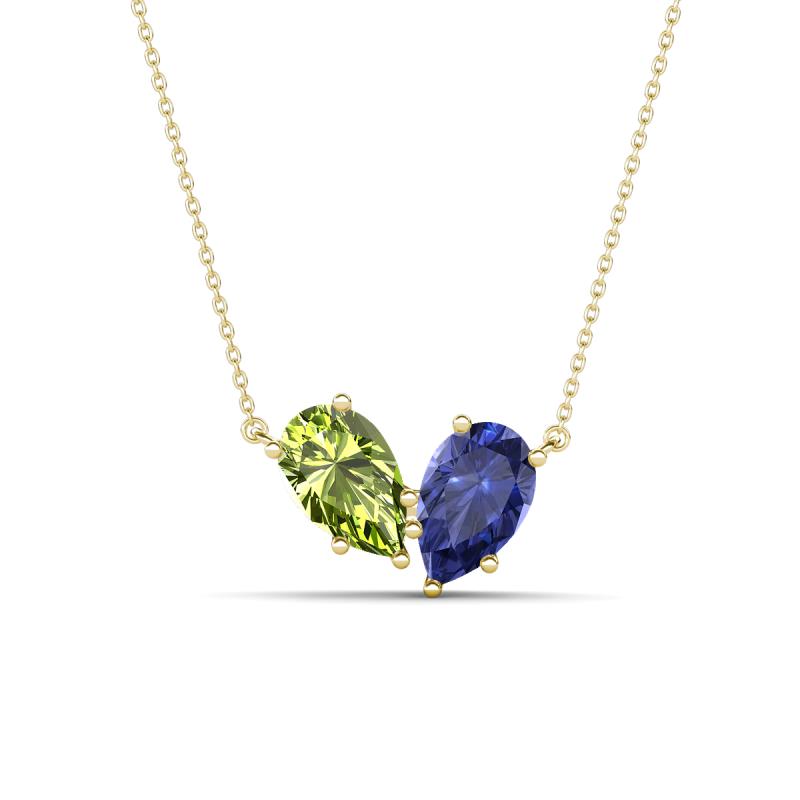 Zemi 1.40 ctw Pear Shape Peridot and Iolite (7x5 mm) Toi Et Moi Pendant Necklace 