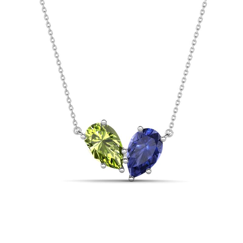 Zemi 1.40 ctw Pear Shape Peridot and Iolite (7x5 mm) Toi Et Moi Pendant Necklace 