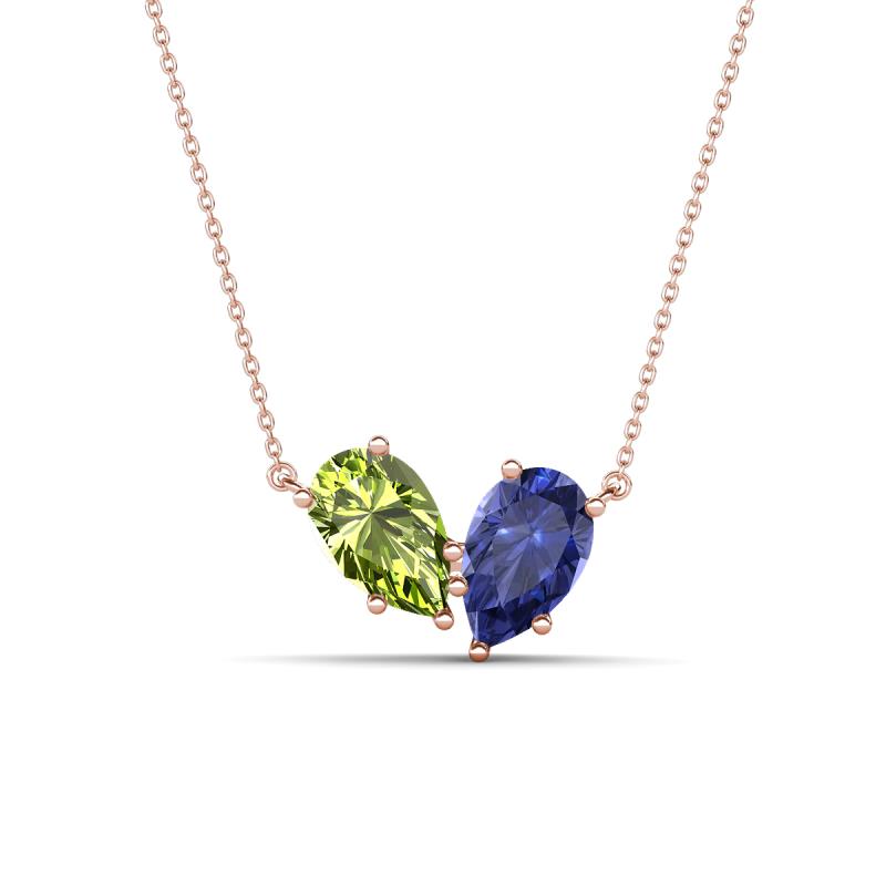 Zemi 1.40 ctw Pear Shape Peridot and Iolite (7x5 mm) Toi Et Moi Pendant Necklace 