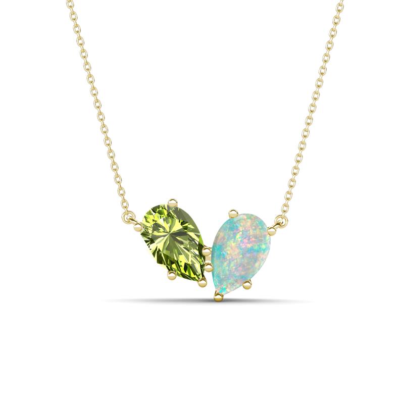 Zemi 1.15 ctw Pear Shape Peridot and Opal (7x5 mm) Toi Et Moi Pendant Necklace 