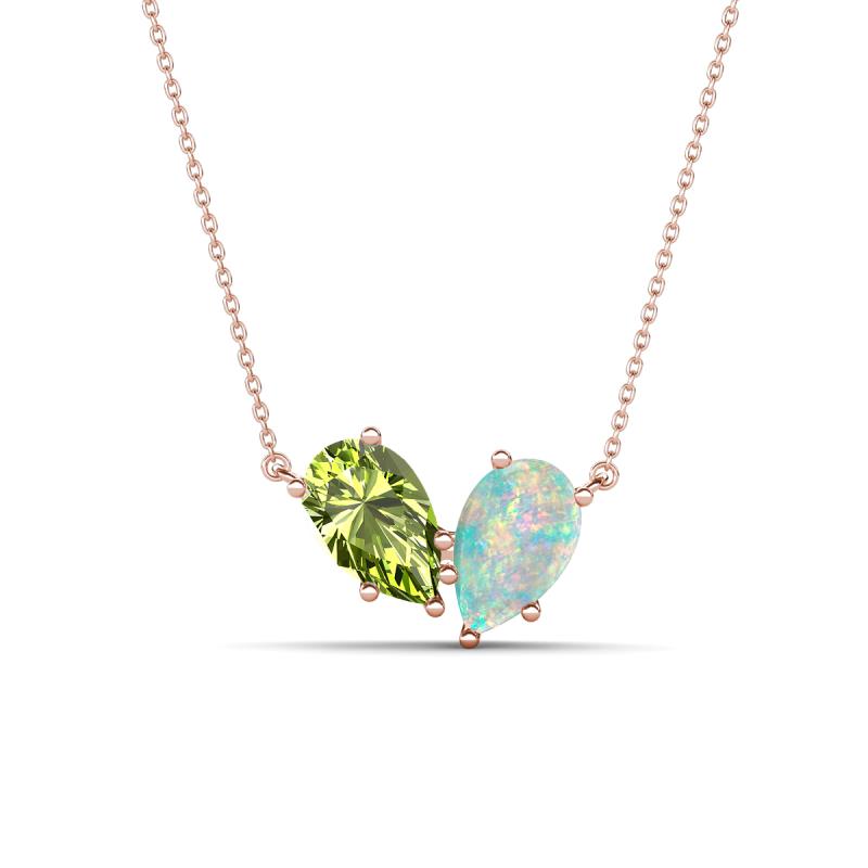 Zemi 1.15 ctw Pear Shape Peridot and Opal (7x5 mm) Toi Et Moi Pendant Necklace 