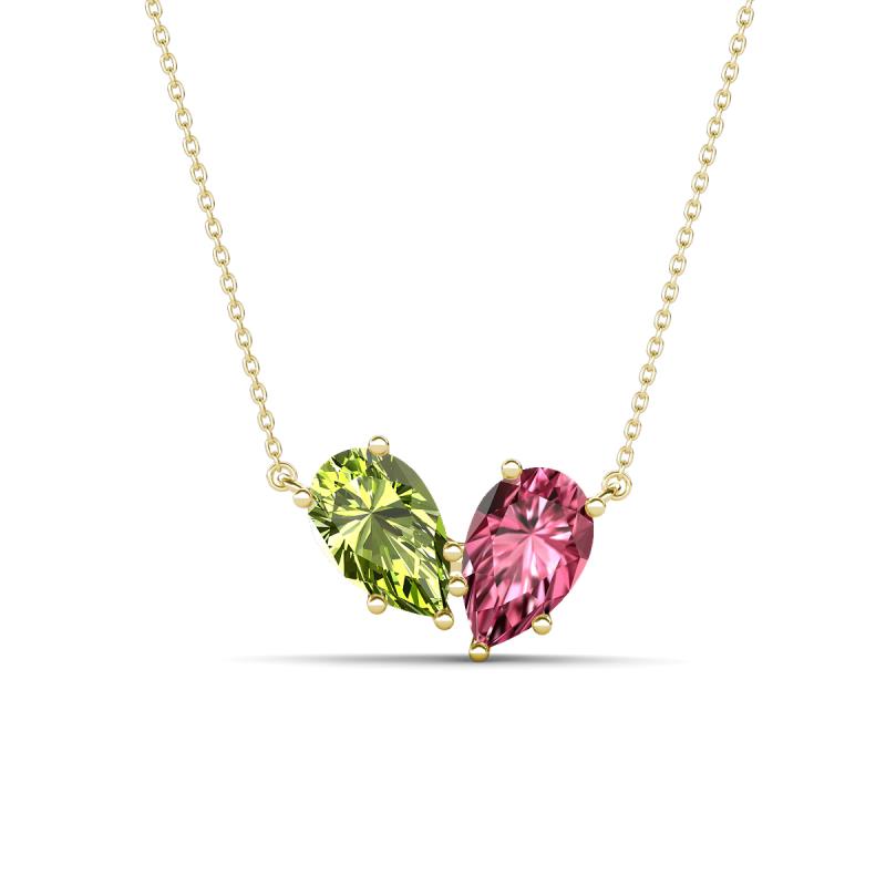 Zemi 1.50 ctw Pear Shape Peridot and Pink Tourmaline (7x5 mm) Toi Et Moi Pendant Necklace 