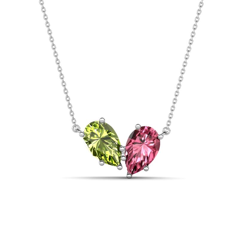 Zemi 1.50 ctw Pear Shape Peridot and Pink Tourmaline (7x5 mm) Toi Et Moi Pendant Necklace 
