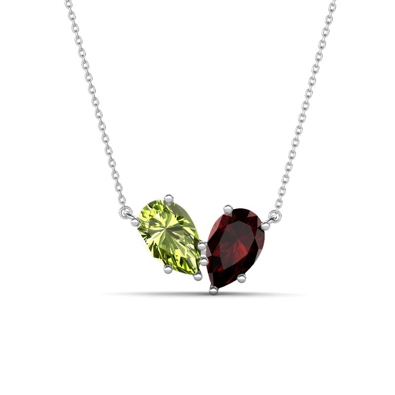 Zemi 1.70 ctw Pear Shape Peridot and Red Garnet (7x5 mm) Toi Et Moi Pendant Necklace 