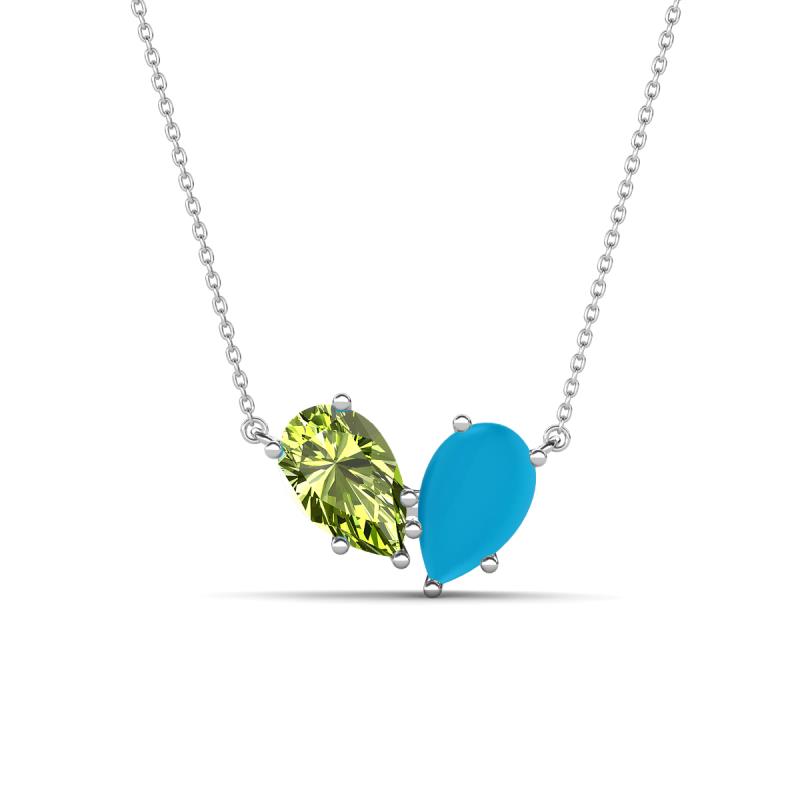 Zemi 1.15 ctw Pear Shape Peridot and Turquoise (7x5 mm) Toi Et Moi Pendant Necklace 