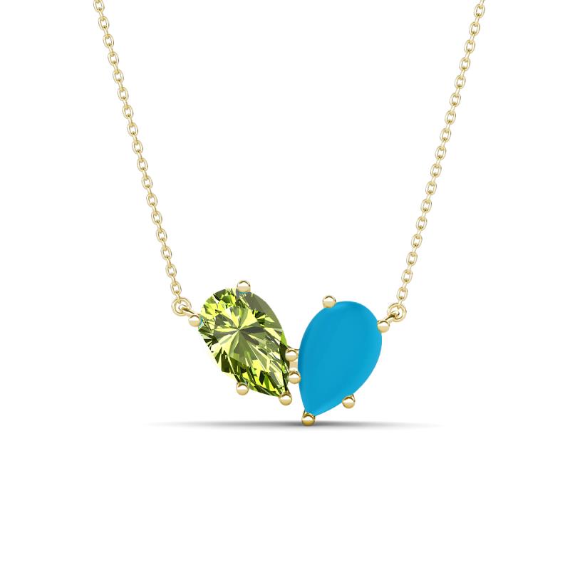 Zemi 1.15 ctw Pear Shape Peridot and Turquoise (7x5 mm) Toi Et Moi Pendant Necklace 