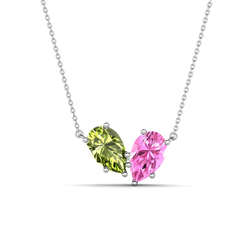 Zemi 1.70 ctw Pear Shape Peridot and Lab Grown Pink Sapphire (7x5 mm) Toi Et Moi Pendant Necklace 
