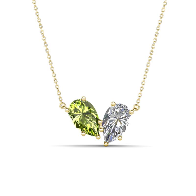 Zemi 2.10 ctw Pear Shape Peridot and Lab Grown Diamond (7x5 mm) Toi Et Moi Pendant Necklace 