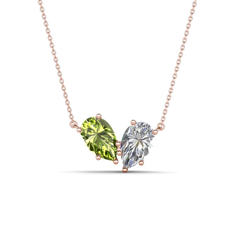 Zemi 2.10 ctw Pear Shape Peridot and Lab Grown Diamond (7x5 mm) Toi Et Moi Pendant Necklace 
