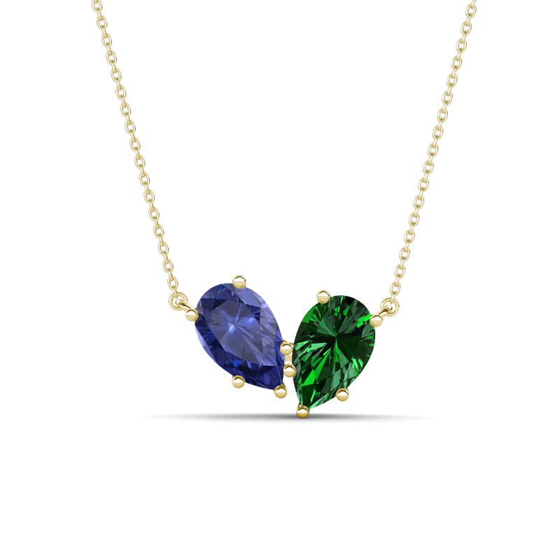 Zemi 1.40 ctw Pear Shape Iolite and Lab Grown Emerald (7x5 mm) Toi Et Moi Pendant Necklace 
