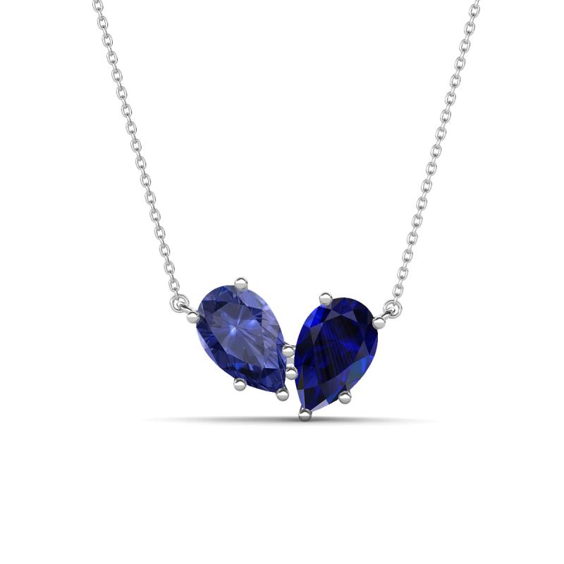 Zemi 1.50 ctw Pear Shape Iolite and Lab Grown Blue Sapphire (7x5 mm) Toi Et Moi Pendant Necklace 