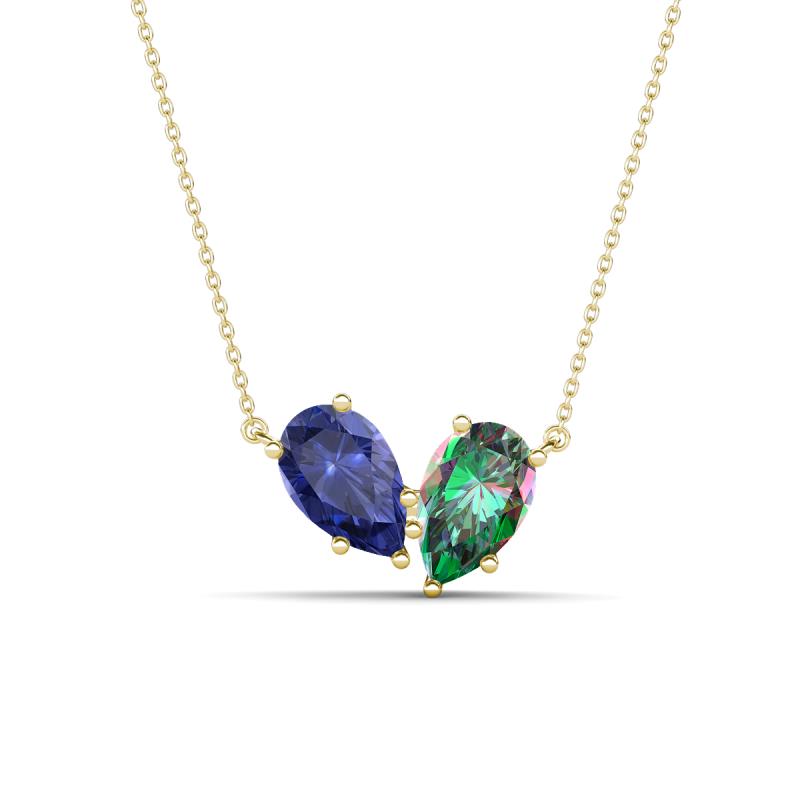 Zemi 1.46 ctw Pear Shape Iolite and Created Alexandrite (7x5 mm) Toi Et Moi Pendant Necklace 
