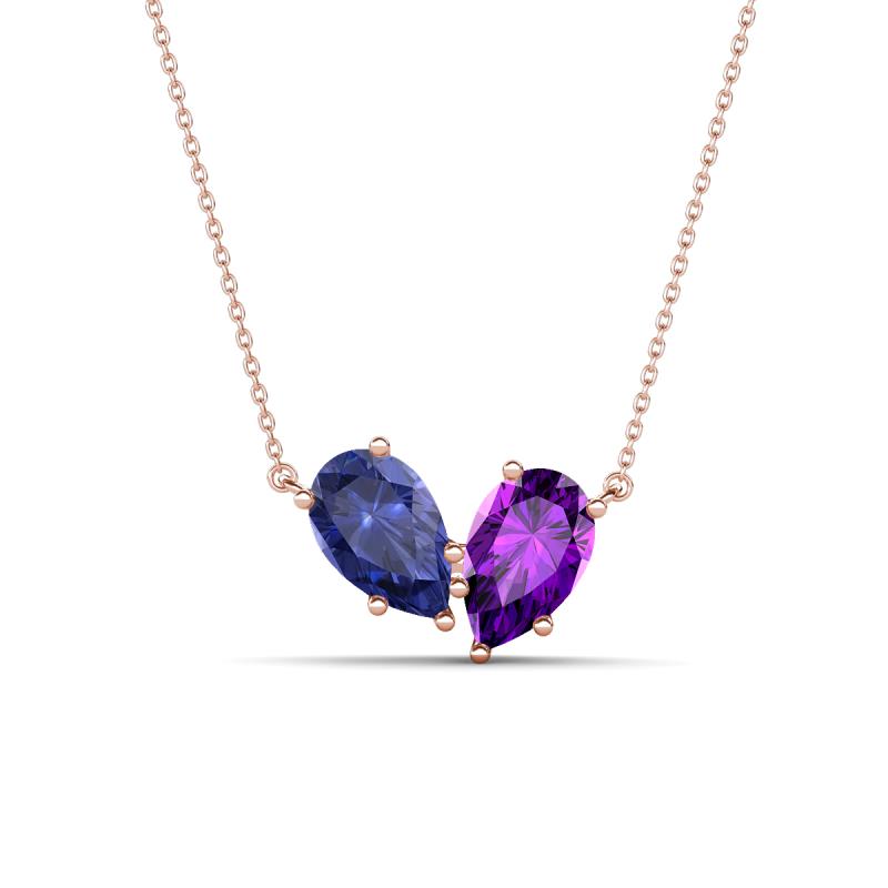 Zemi 1.25 ctw Pear Shape Iolite and Amethyst (7x5 mm) Toi Et Moi Pendant Necklace 