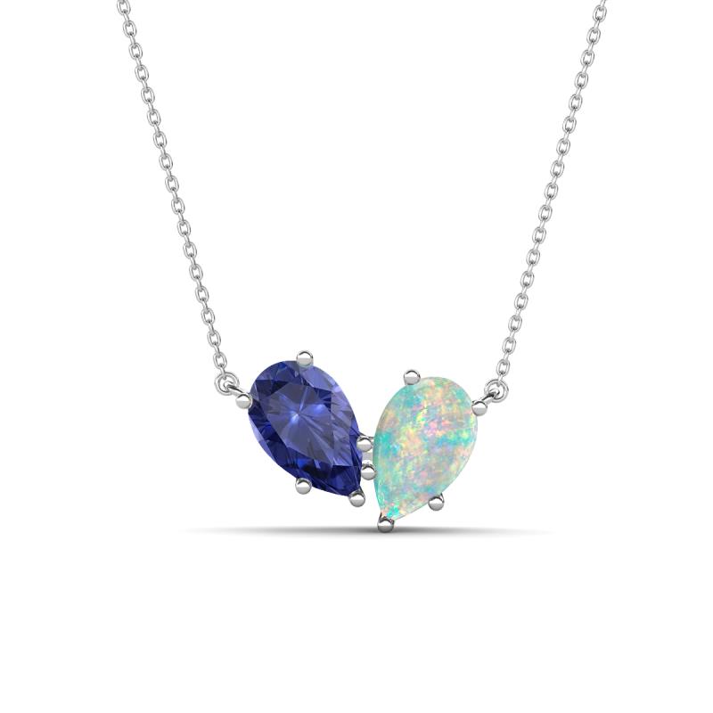 Zemi 0.95 ctw Pear Shape Iolite and Opal (7x5 mm) Toi Et Moi Pendant Necklace 