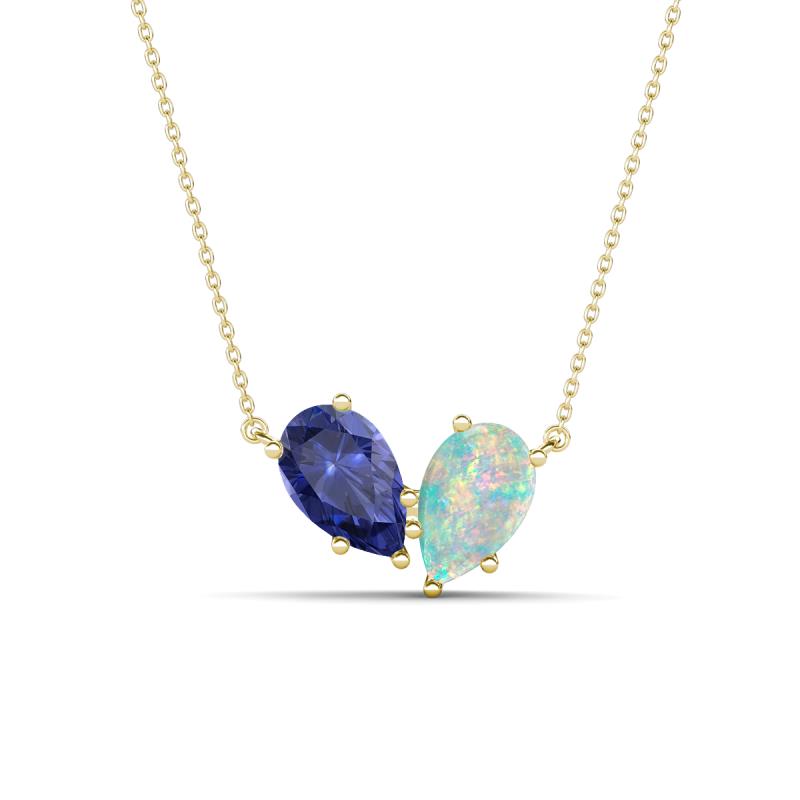 Zemi 0.95 ctw Pear Shape Iolite and Opal (7x5 mm) Toi Et Moi Pendant Necklace 