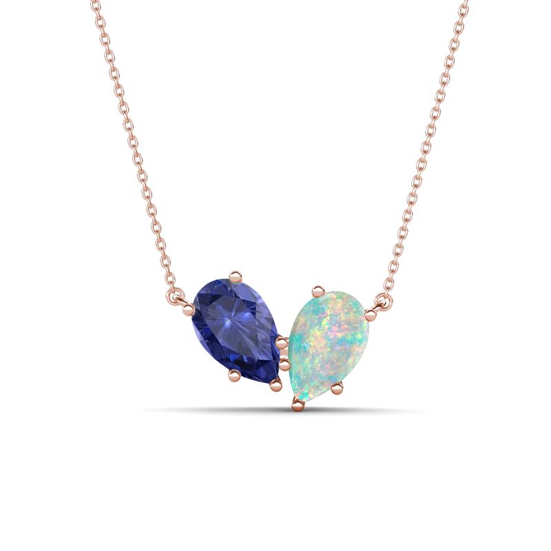 Zemi 0.95 ctw Pear Shape Iolite and Opal (7x5 mm) Toi Et Moi Pendant Necklace 