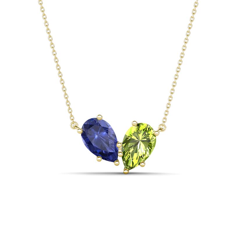 Zemi 1.40 ctw Pear Shape Iolite and Peridot (7x5 mm) Toi Et Moi Pendant Necklace 