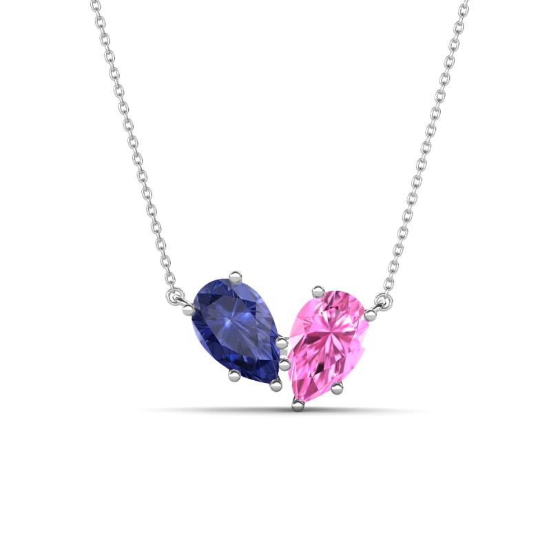 Zemi 1.50 ctw Pear Shape Iolite and Lab Grown Pink Sapphire (7x5 mm) Toi Et Moi Pendant Necklace 