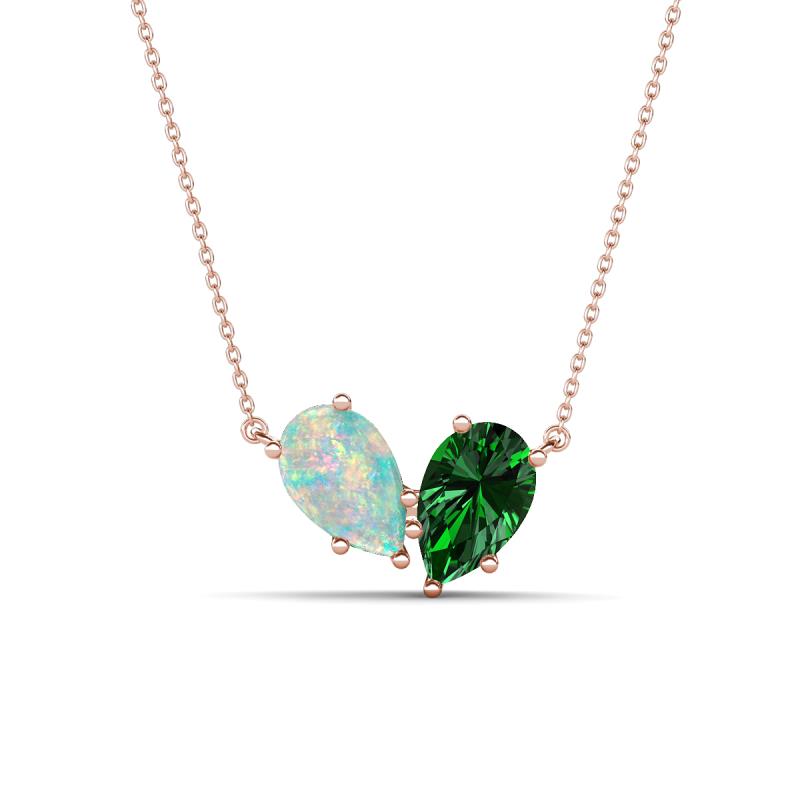 Zemi 1.15 ctw Pear Shape Opal and Lab Grown Emerald (7x5 mm) Toi Et Moi Pendant Necklace 
