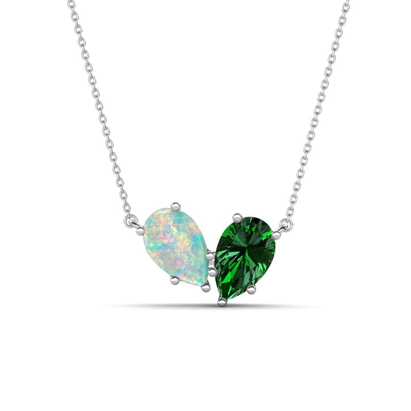 Zemi 1.15 ctw Pear Shape Opal and Lab Grown Emerald (7x5 mm) Toi Et Moi Pendant Necklace 