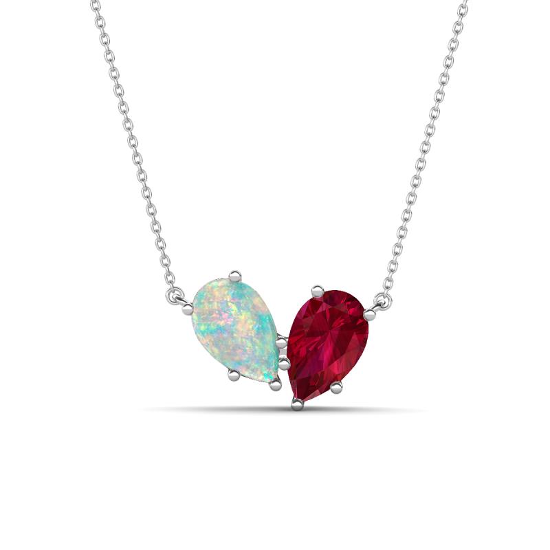 Zemi 1.30 ctw Pear Shape Opal and Lab Grown Ruby (7x5 mm) Toi Et Moi Pendant Necklace 