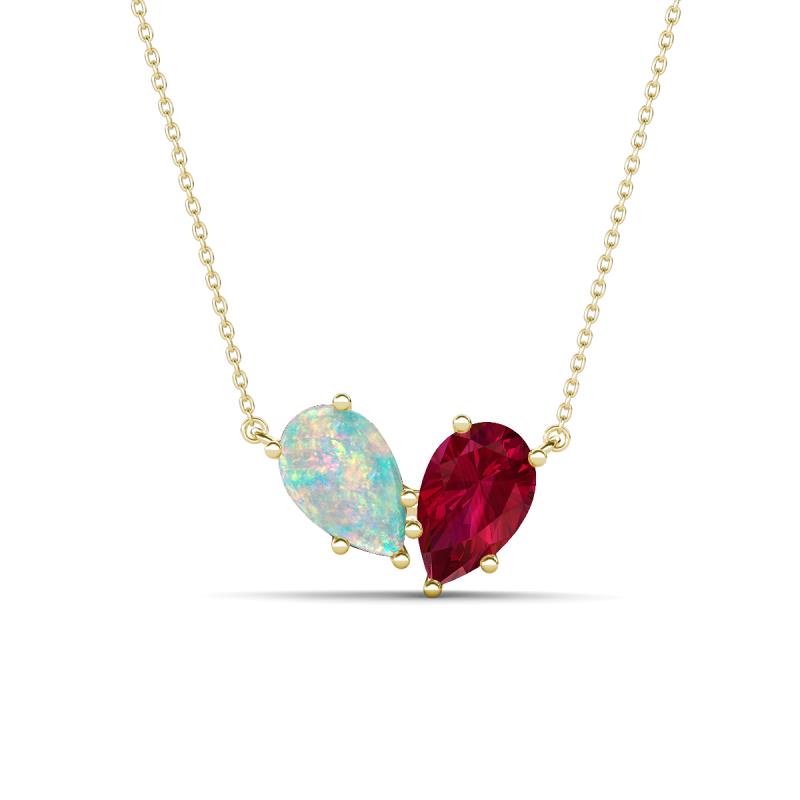Zemi 1.30 ctw Pear Shape Opal and Lab Grown Ruby (7x5 mm) Toi Et Moi Pendant Necklace 