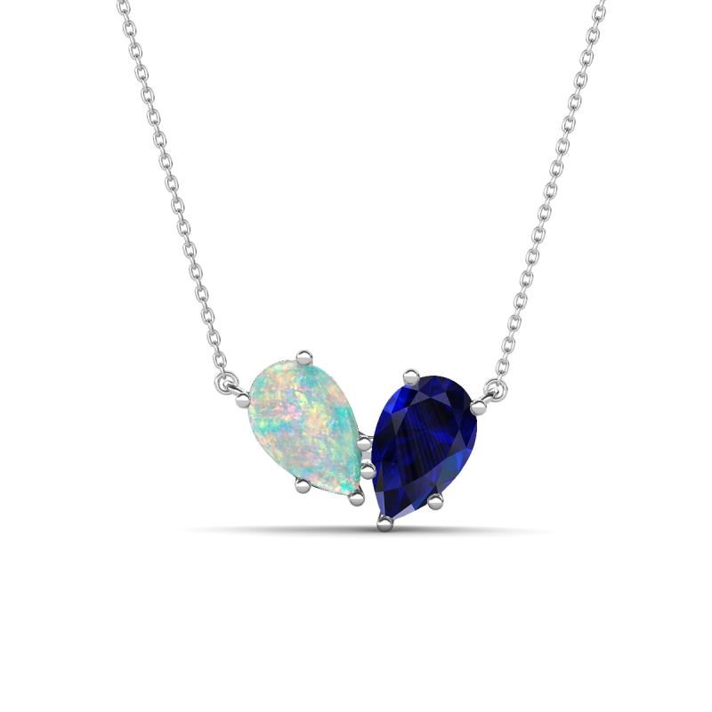 Zemi 1.25 ctw Pear Shape Opal and Lab Grown Blue Sapphire (7x5 mm) Toi Et Moi Pendant Necklace 