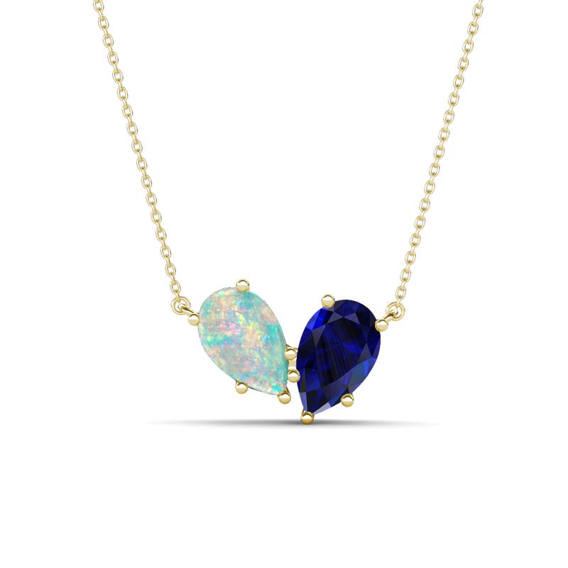 Zemi 1.25 ctw Pear Shape Opal and Lab Grown Blue Sapphire (7x5 mm) Toi Et Moi Pendant Necklace 