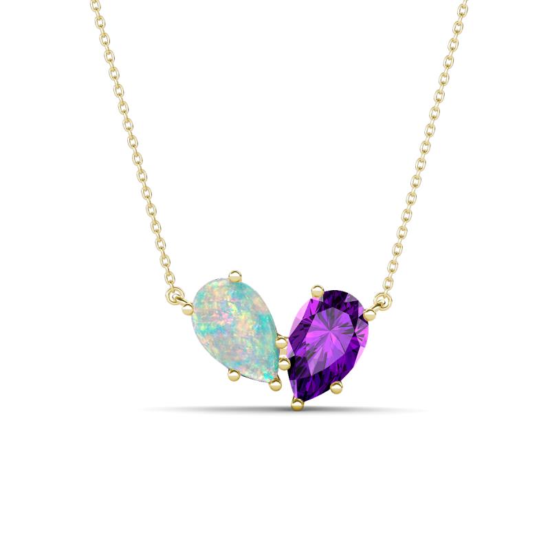 Zemi 1.00 ctw Pear Shape Opal and Amethyst (7x5 mm) Toi Et Moi Pendant Necklace 
