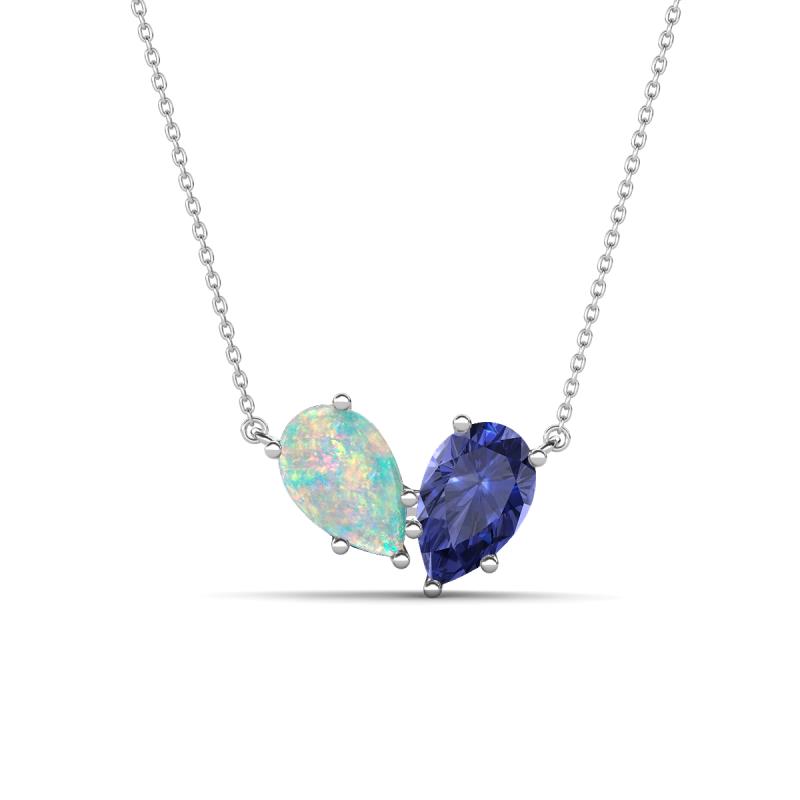 Zemi 0.95 ctw Pear Shape Opal and Iolite (7x5 mm) Toi Et Moi Pendant Necklace 