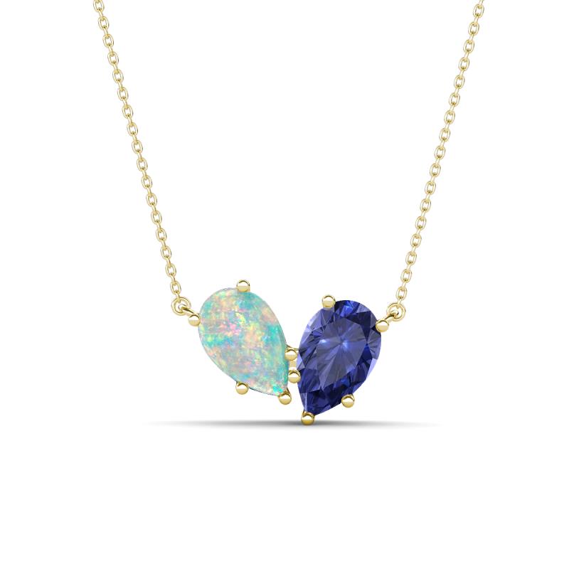Zemi 0.95 ctw Pear Shape Opal and Iolite (7x5 mm) Toi Et Moi Pendant Necklace 