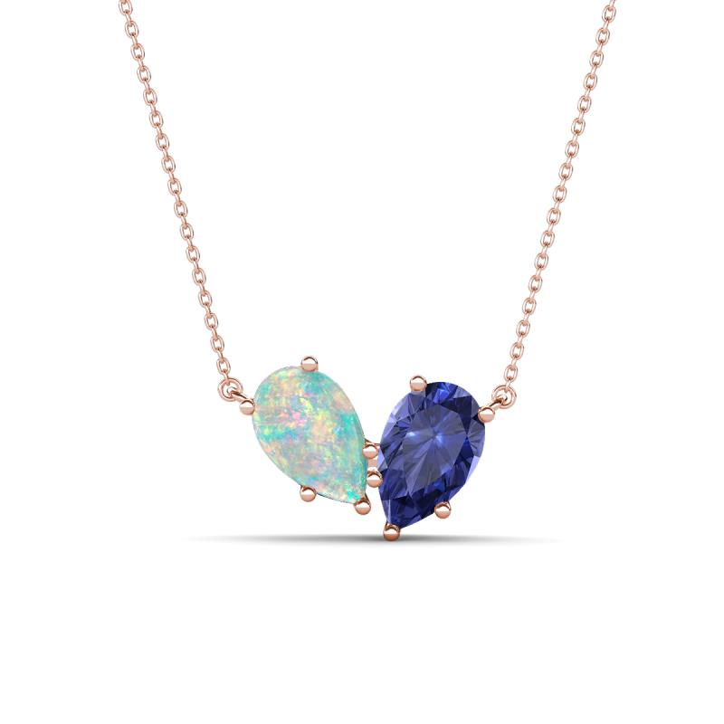 Zemi 0.95 ctw Pear Shape Opal and Iolite (7x5 mm) Toi Et Moi Pendant Necklace 