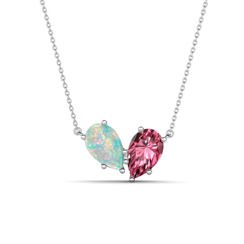 Zemi 1.05 ctw Pear Shape Opal and Pink Tourmaline (7x5 mm) Toi Et Moi Pendant Necklace 