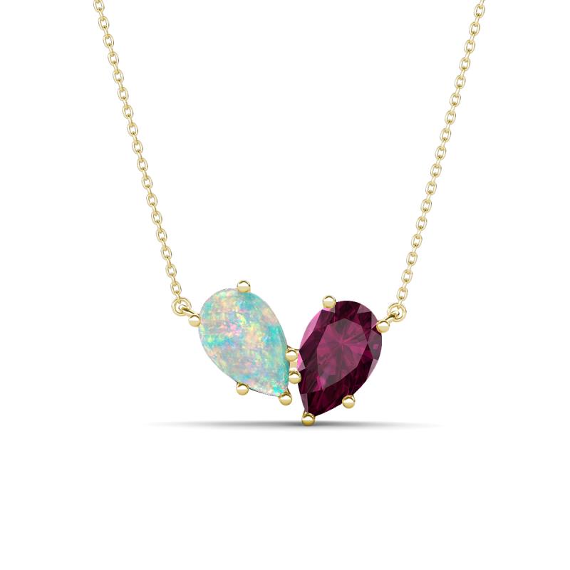 Zemi 1.25 ctw Pear Shape Opal and Rhodolite Garnet (7x5 mm) Toi Et Moi Pendant Necklace 