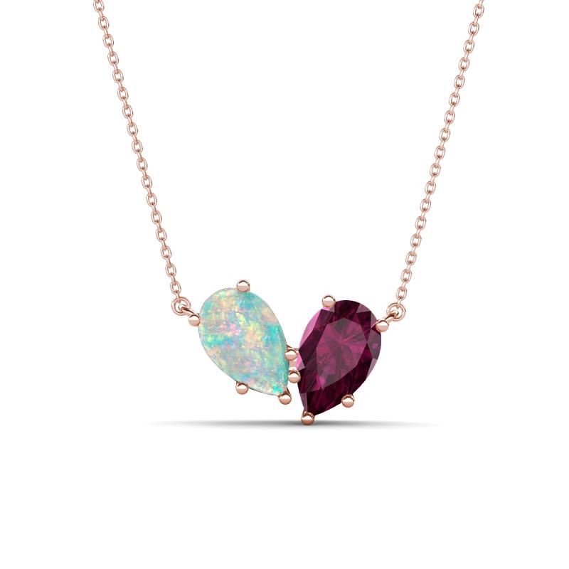 Zemi 1.25 ctw Pear Shape Opal and Rhodolite Garnet (7x5 mm) Toi Et Moi Pendant Necklace 