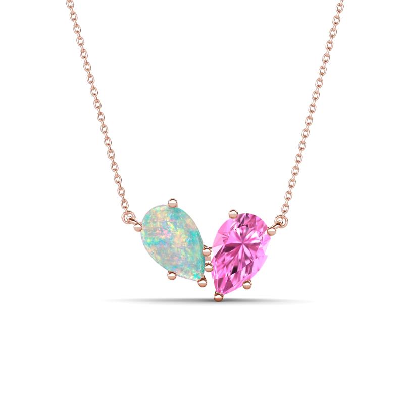 Zemi 1.25 ctw Pear Shape Opal and Lab Grown Pink Sapphire (7x5 mm) Toi Et Moi Pendant Necklace 