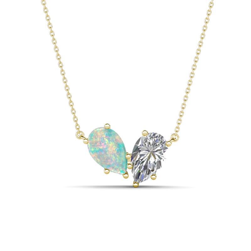 Zemi 1.65 ctw Pear Shape Opal and Lab Grown Diamond (7x5 mm) Toi Et Moi Pendant Necklace 