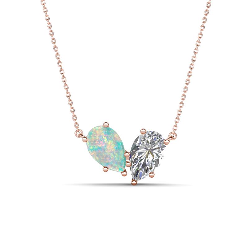 Zemi 1.65 ctw Pear Shape Opal and Lab Grown Diamond (7x5 mm) Toi Et Moi Pendant Necklace 