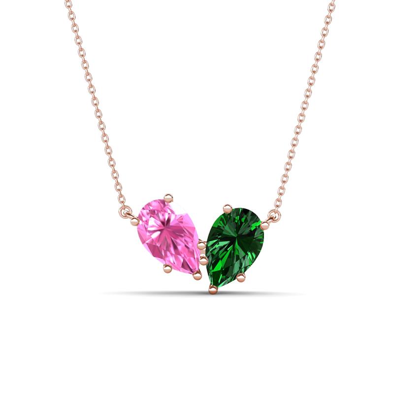 Zemi 1.70 ctw Pear Shape Created Pink Sapphire and Lab Grown Emerald (7x5 mm) Toi Et Moi Pendant Necklace 