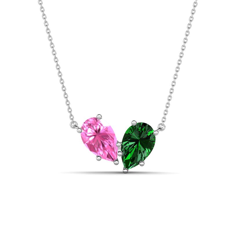Zemi 1.70 ctw Pear Shape Created Pink Sapphire and Lab Grown Emerald (7x5 mm) Toi Et Moi Pendant Necklace 