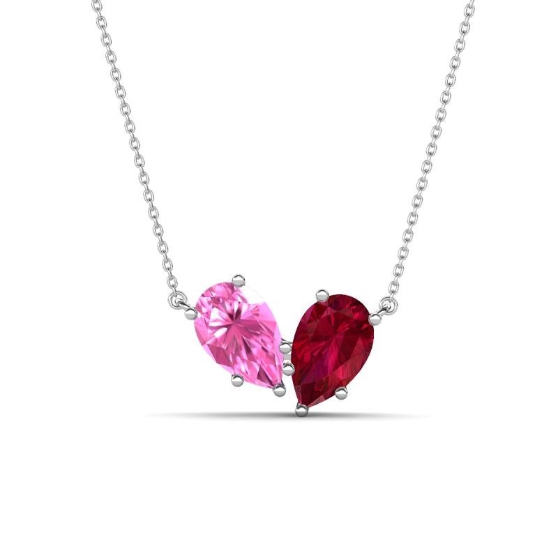 Zemi 1.85 ctw Pear Shape Created Pink Sapphire and Lab Grown Ruby (7x5 mm) Toi Et Moi Pendant Necklace 