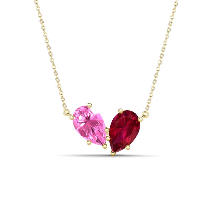Zemi 1.85 ctw Pear Shape Created Pink Sapphire and Lab Grown Ruby (7x5 mm) Toi Et Moi Pendant Necklace 